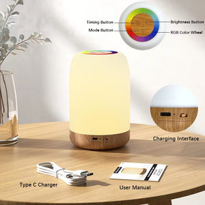 LED Touch Lamp with Dimmable RGB Colour,Wood Grain Table Lamp Timing Function,Usb Rechargeable Night Light,For Bedroom Kids Deco