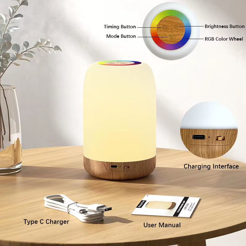 LED Touch Lamp with Dimmable RGB Colour,Wood Grain Table Lamp Timing Function,Usb Rechargeable Night Light,For Bedroom Kids Deco