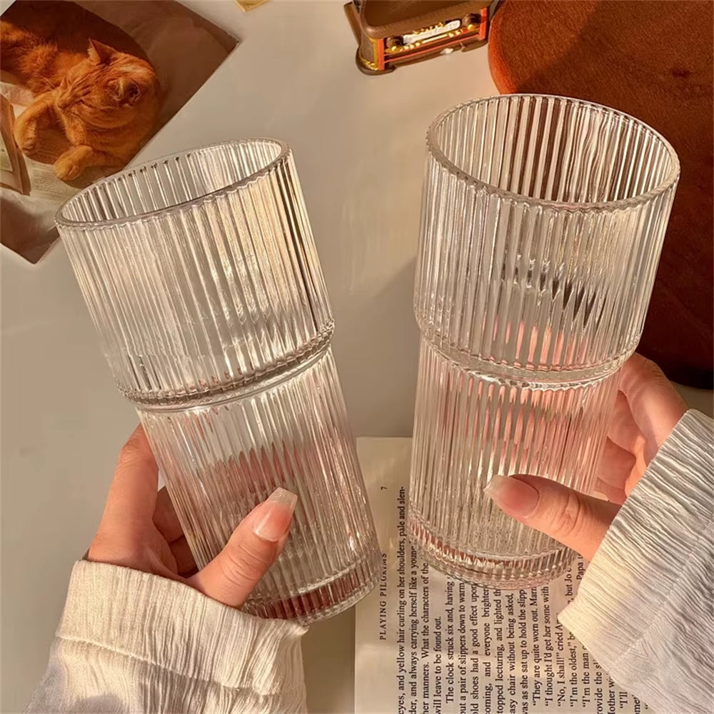 1/2Pcs 600Ml Stripe Glass Cup with Lid and Straw Transparent Drinking Glasses for Juice Water and Iced Coffee Cups Drinkware