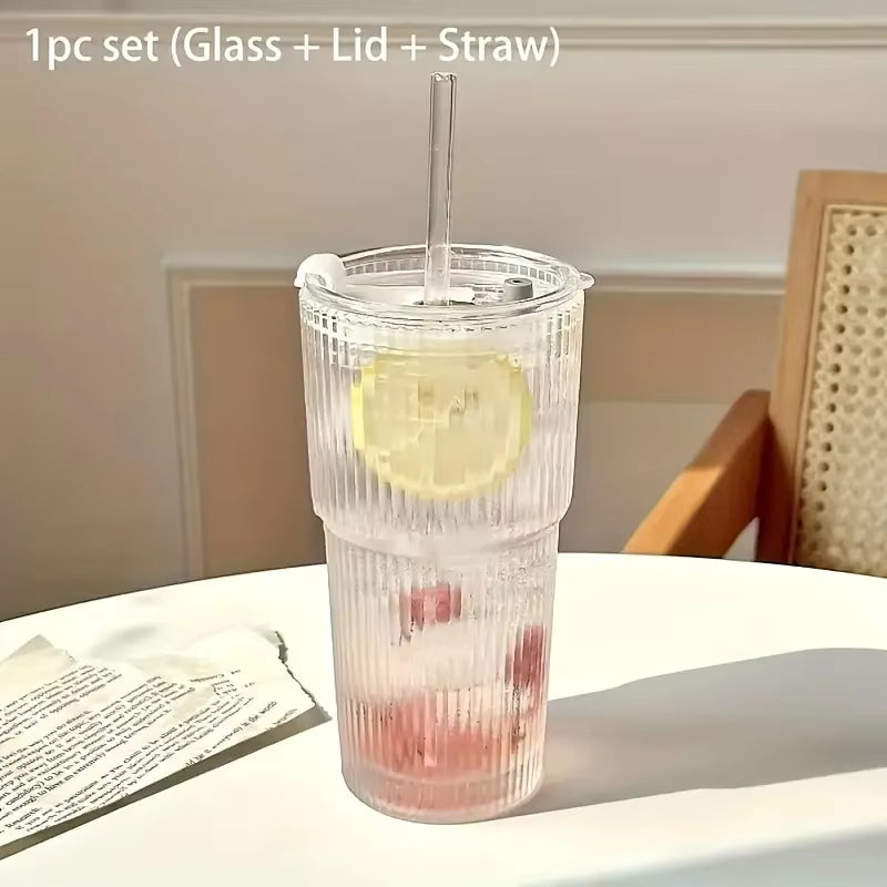 1/2Pcs 600Ml Stripe Glass Cup with Lid and Straw Transparent Drinking Glasses for Juice Water and Iced Coffee Cups Drinkware