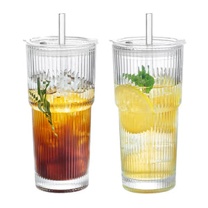 1/2Pcs 600Ml Stripe Glass Cup with Lid and Straw Transparent Drinking Glasses for Juice Water and Iced Coffee Cups Drinkware