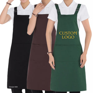 Customized Logo Waterproof Work Kitchen Canvas Apron with Pockets for Women Men Waiter Coffee Restaurant Chef Uniform