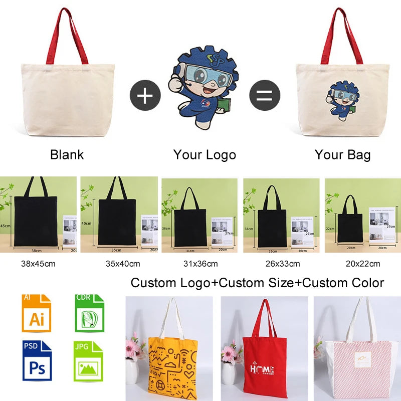 Custom Logo Design Tote Bag Canvas Grocery Bag Portable Canvas Shopping Handbag Custom Size for Promotional Gifts