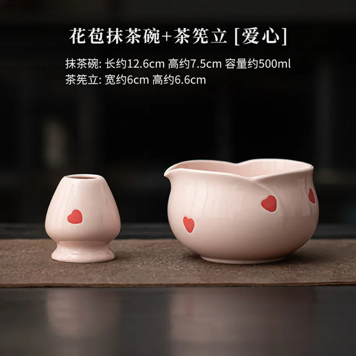 1-8Pcs Cherry Blossom Pink Matcha Bowl with Matcha Whisk Set Japanese Tea Set Include Cha Bowl with Spout Gift for Matcha Lover