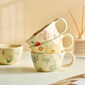 Hand-Pinched Ceramic Mug – Irregular Flower Coffee Cup, Korean-Style Milk Tea & Oatmeal Breakfast Drinkware