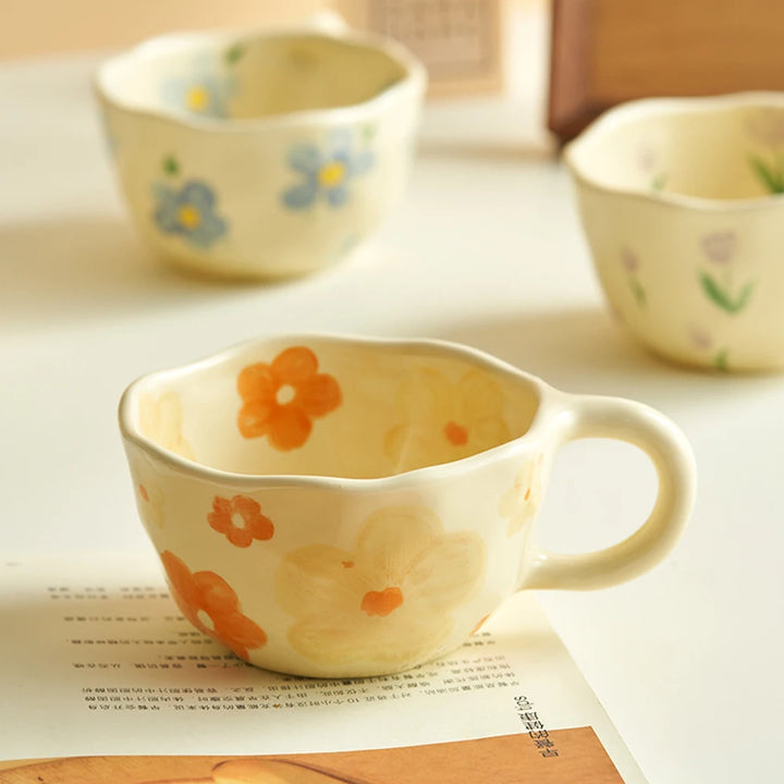Hand-Pinched Ceramic Mug – Irregular Flower Coffee Cup, Korean-Style Milk Tea & Oatmeal Breakfast Drinkware