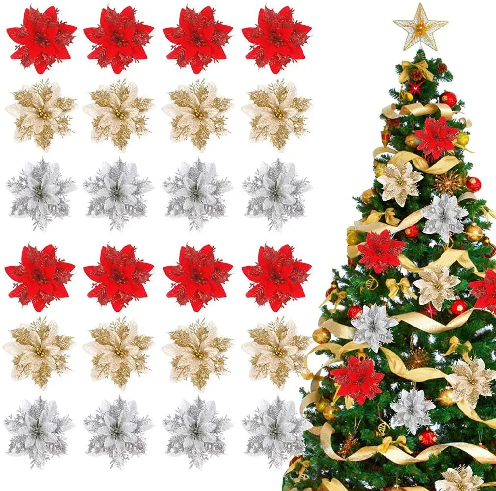 10/30Pcs Glitter Artifical Christmas Flowers Mreey Christmas Tree Decoration Happy New Year Ornaments Xmas Fake Flowers Natal