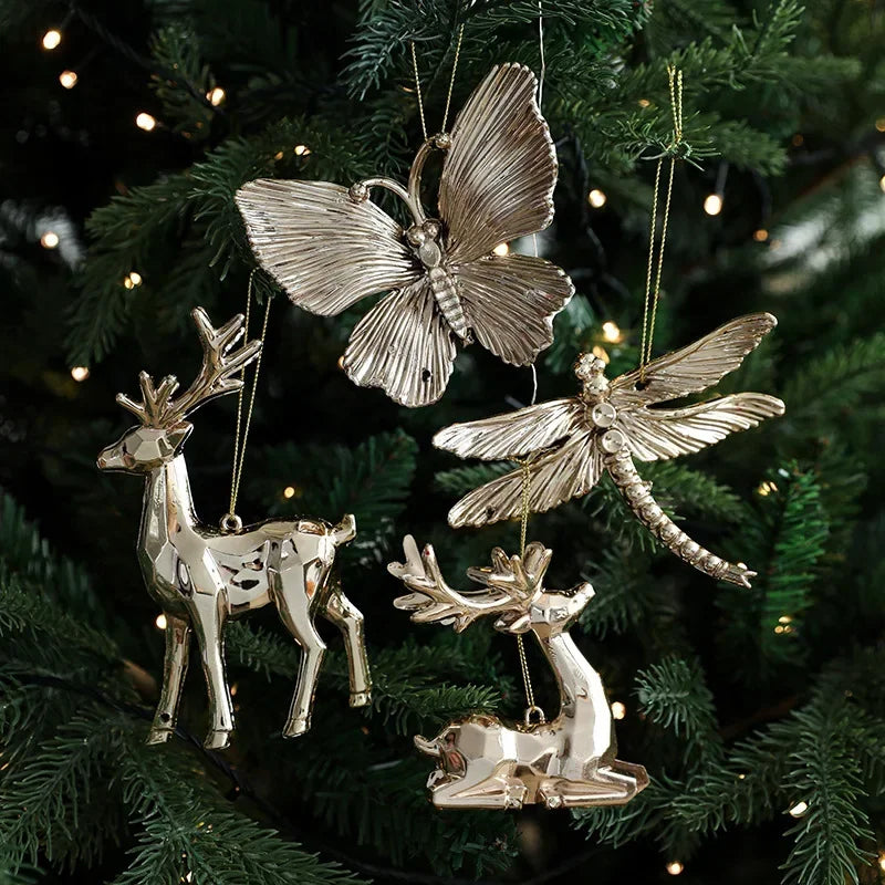 Christmas Tree Hanging Ornaments – Gold Elk, Star & Snowflake Decorations for Home and Party