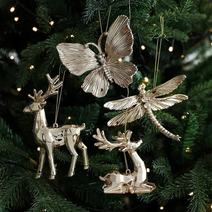 Christmas Tree Hanging Ornaments – Gold Elk, Star & Snowflake Decorations for Home and Party