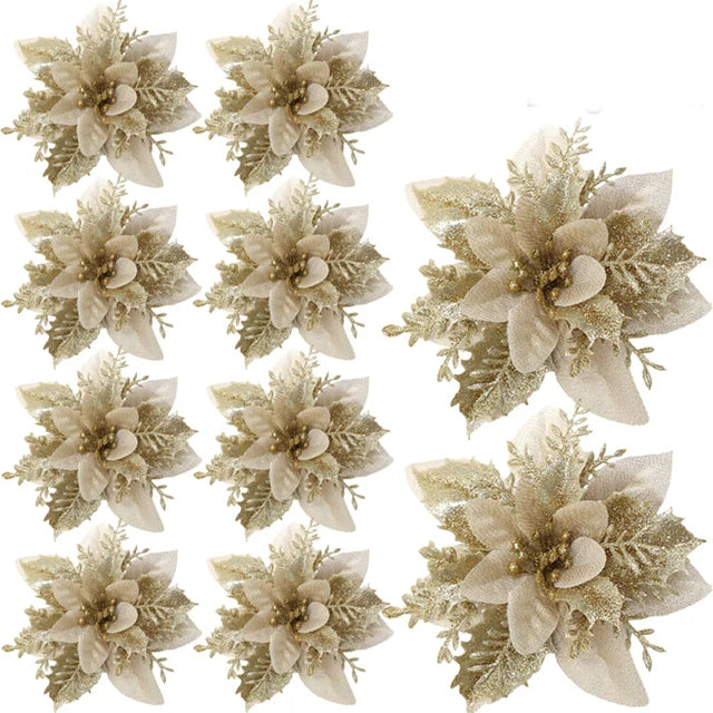 10/30Pcs Glitter Artifical Christmas Flowers Mreey Christmas Tree Decoration Happy New Year Ornaments Xmas Fake Flowers Natal