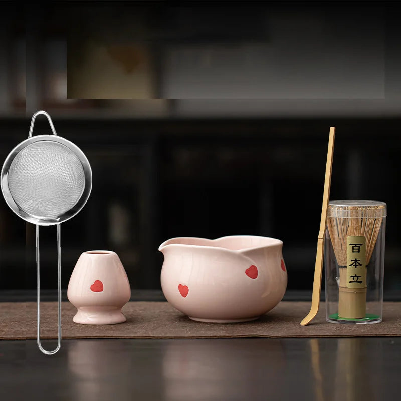 1-8Pcs Cherry Blossom Pink Matcha Bowl with Matcha Whisk Set Japanese Tea Set Include Cha Bowl with Spout Gift for Matcha Lover