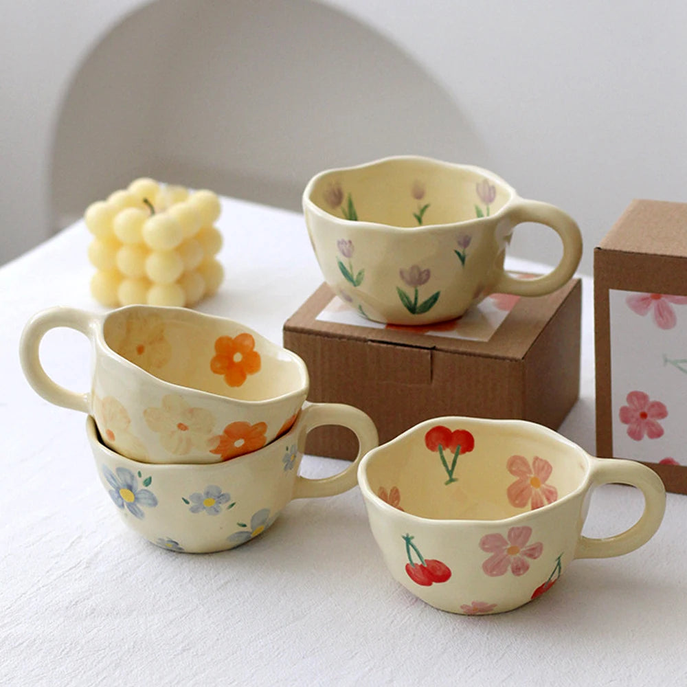 Hand-Pinched Ceramic Mug – Irregular Flower Coffee Cup, Korean-Style Milk Tea & Oatmeal Breakfast Drinkware