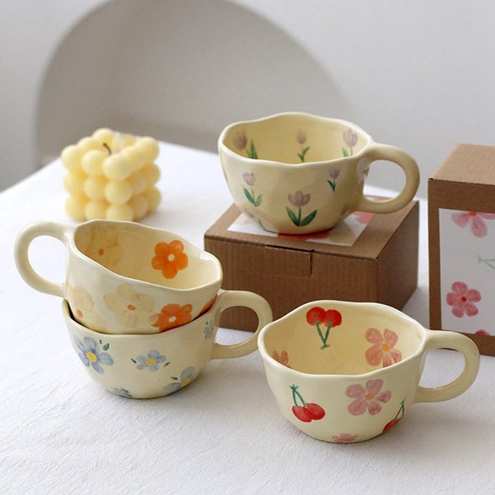 Hand-Pinched Ceramic Mug – Irregular Flower Coffee Cup, Korean-Style Milk Tea & Oatmeal Breakfast Drinkware