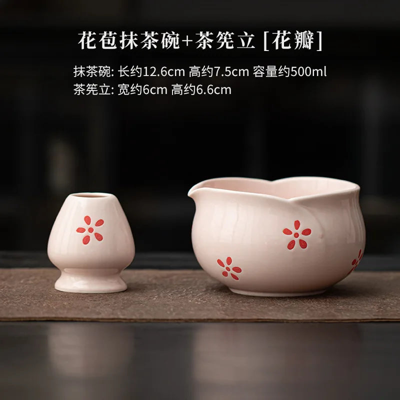 1-8Pcs Cherry Blossom Pink Matcha Bowl with Matcha Whisk Set Japanese Tea Set Include Cha Bowl with Spout Gift for Matcha Lover