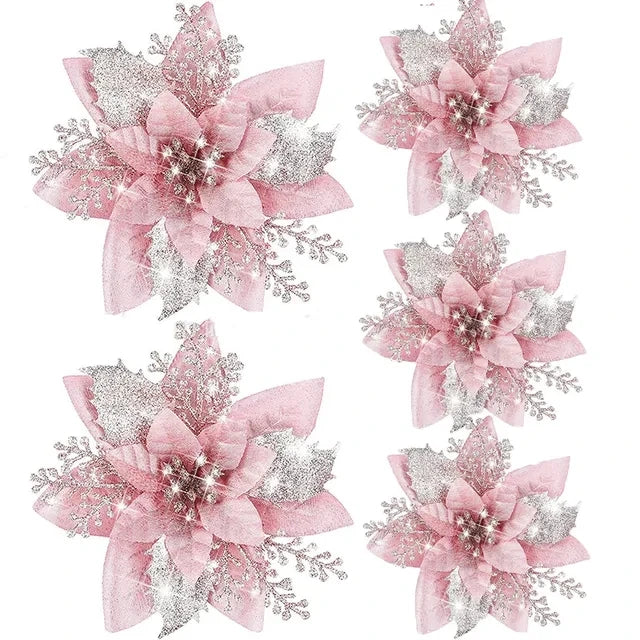 10/30Pcs Glitter Artifical Christmas Flowers Mreey Christmas Tree Decoration Happy New Year Ornaments Xmas Fake Flowers Natal