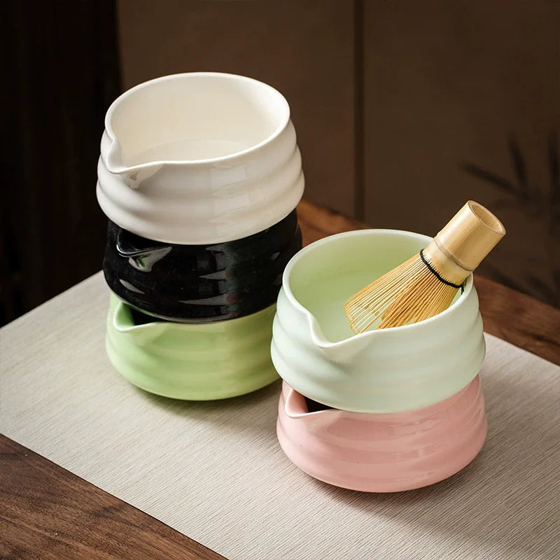 2 Pieces Traditional Japanese Matcha Bowl and Whisk Holder Tea Bowl with Pouring Spout for Office Table Tea Ceremony Party Gift