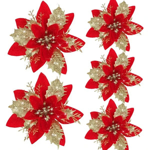 10/30Pcs Glitter Artifical Christmas Flowers Mreey Christmas Tree Decoration Happy New Year Ornaments Xmas Fake Flowers Natal