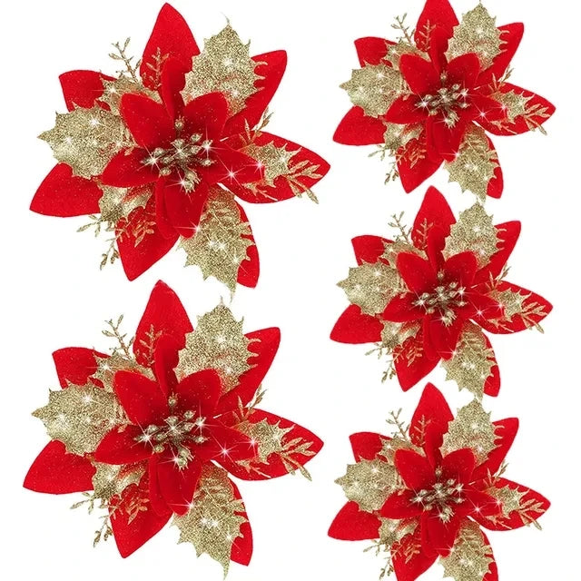 10/30Pcs Glitter Artifical Christmas Flowers Mreey Christmas Tree Decoration Happy New Year Ornaments Xmas Fake Flowers Natal