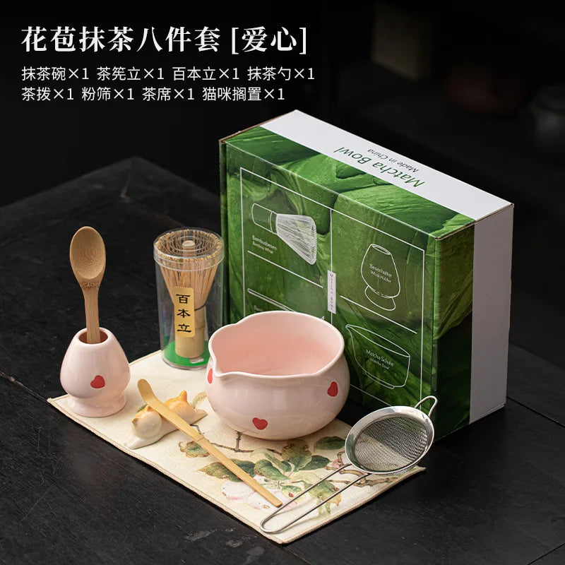 1-8Pcs Cherry Blossom Pink Matcha Bowl with Matcha Whisk Set Japanese Tea Set Include Cha Bowl with Spout Gift for Matcha Lover