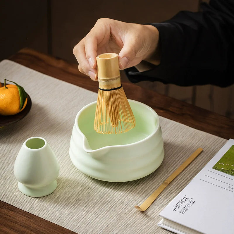 2 Pieces Traditional Japanese Matcha Bowl and Whisk Holder Tea Bowl with Pouring Spout for Office Table Tea Ceremony Party Gift