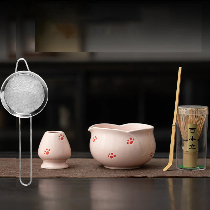 1-8Pcs Cherry Blossom Pink Matcha Bowl with Matcha Whisk Set Japanese Tea Set Include Cha Bowl with Spout Gift for Matcha Lover