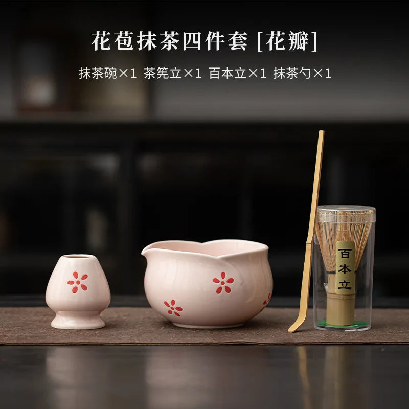 1-8Pcs Cherry Blossom Pink Matcha Bowl with Matcha Whisk Set Japanese Tea Set Include Cha Bowl with Spout Gift for Matcha Lover