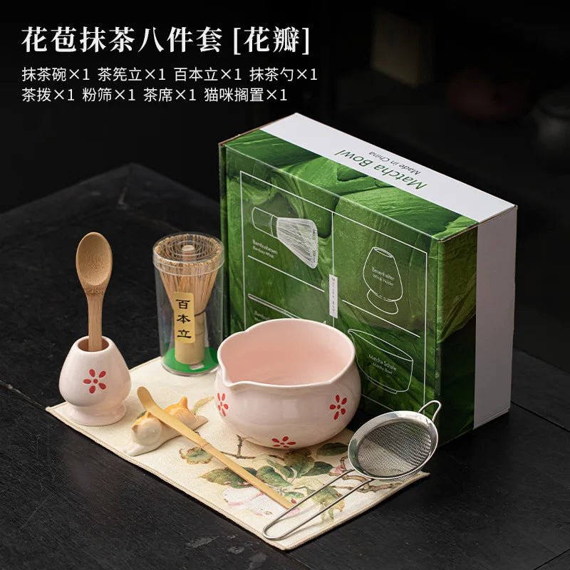 1-8Pcs Cherry Blossom Pink Matcha Bowl with Matcha Whisk Set Japanese Tea Set Include Cha Bowl with Spout Gift for Matcha Lover
