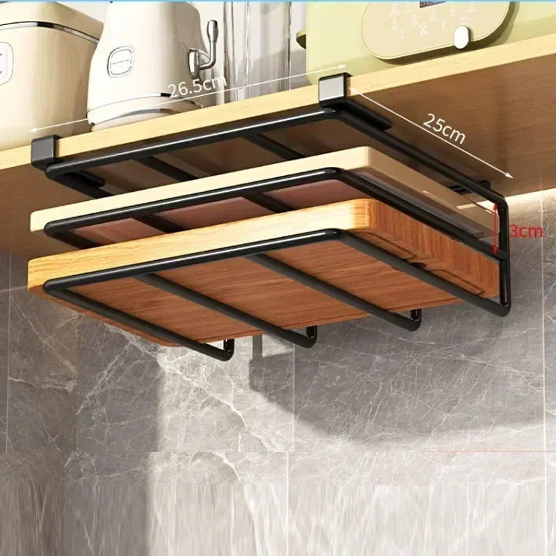 Under Kitchen Cabinet Hanging Organizer Cutting Board Storage Rack Paper Towel Holder No Punch Pot Lid Storage Kitchenware Hook