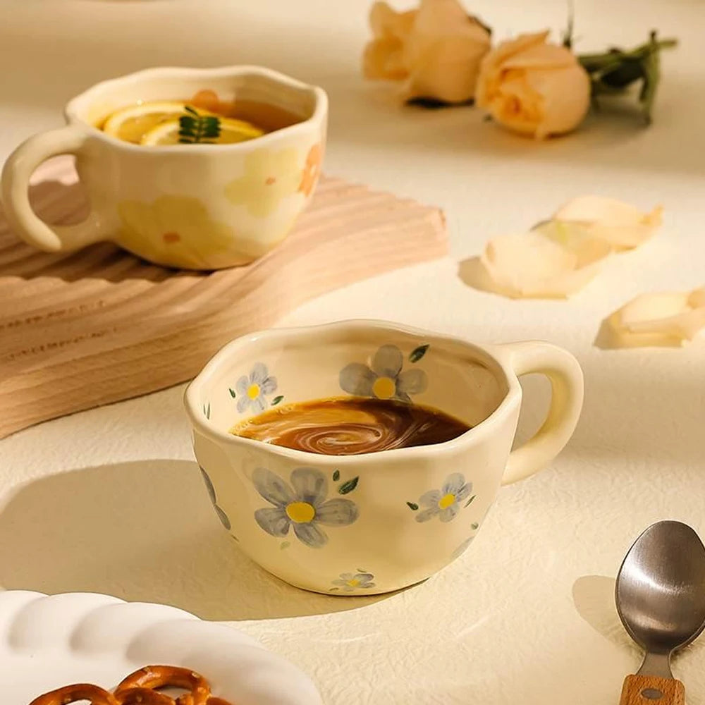 Hand-Pinched Ceramic Mug – Irregular Flower Coffee Cup, Korean-Style Milk Tea & Oatmeal Breakfast Drinkware