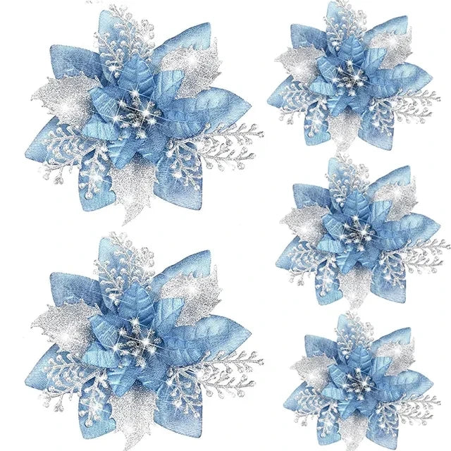 10/30Pcs Glitter Artifical Christmas Flowers Mreey Christmas Tree Decoration Happy New Year Ornaments Xmas Fake Flowers Natal