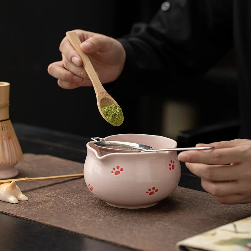 1-8Pcs Cherry Blossom Pink Matcha Bowl with Matcha Whisk Set Japanese Tea Set Include Cha Bowl with Spout Gift for Matcha Lover