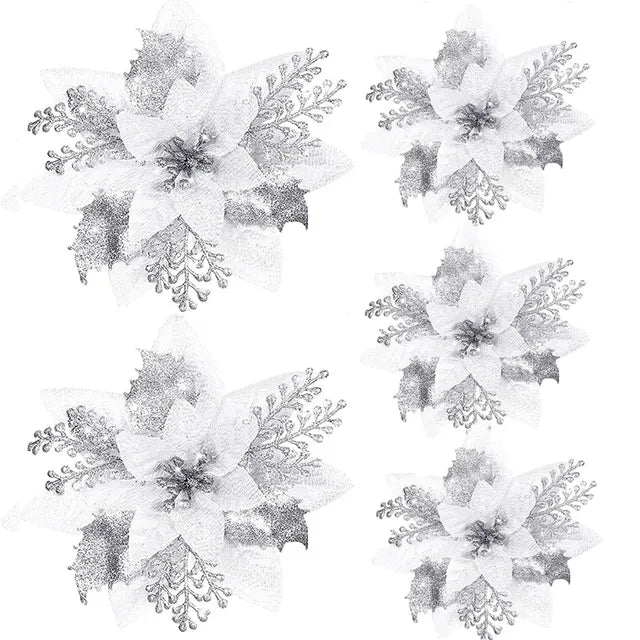 10/30Pcs Glitter Artifical Christmas Flowers Mreey Christmas Tree Decoration Happy New Year Ornaments Xmas Fake Flowers Natal