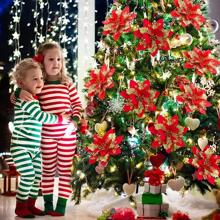 10/30Pcs Glitter Artifical Christmas Flowers Mreey Christmas Tree Decoration Happy New Year Ornaments Xmas Fake Flowers Natal