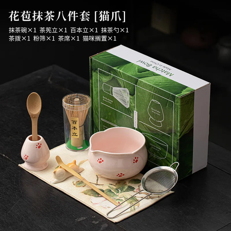 1-8Pcs Cherry Blossom Pink Matcha Bowl with Matcha Whisk Set Japanese Tea Set Include Cha Bowl with Spout Gift for Matcha Lover