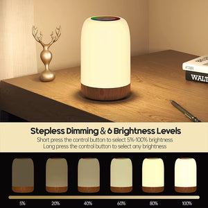LED Touch Lamp with Dimmable RGB Colour,Wood Grain Table Lamp Timing Function,Usb Rechargeable Night Light,For Bedroom Kids Deco